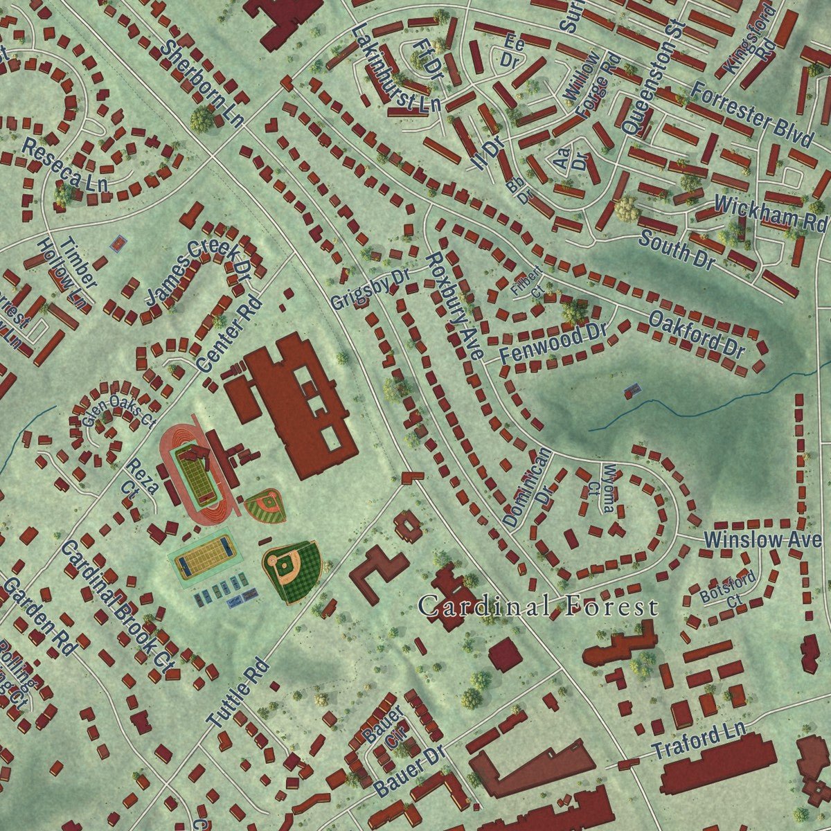 Close-up of the map of West Springfield, Virginia print showing street and building detail