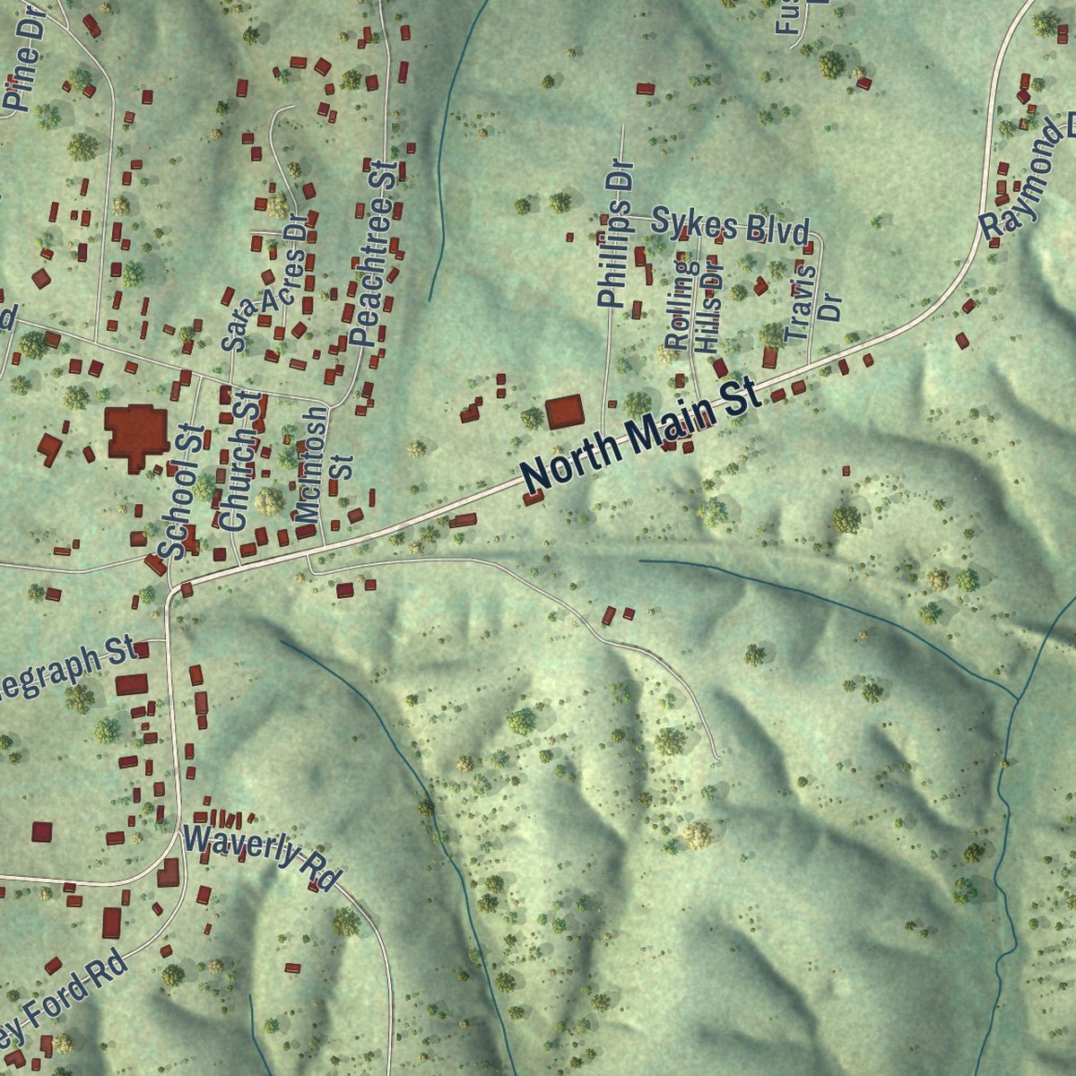 Close-up of the map of Tennessee Ridge, Tennessee print showing street and building detail