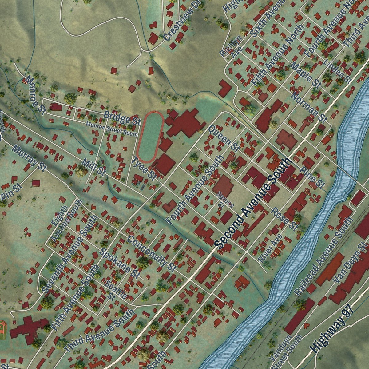 Close-up of the map of Okanogan, Washington print showing street and building detail