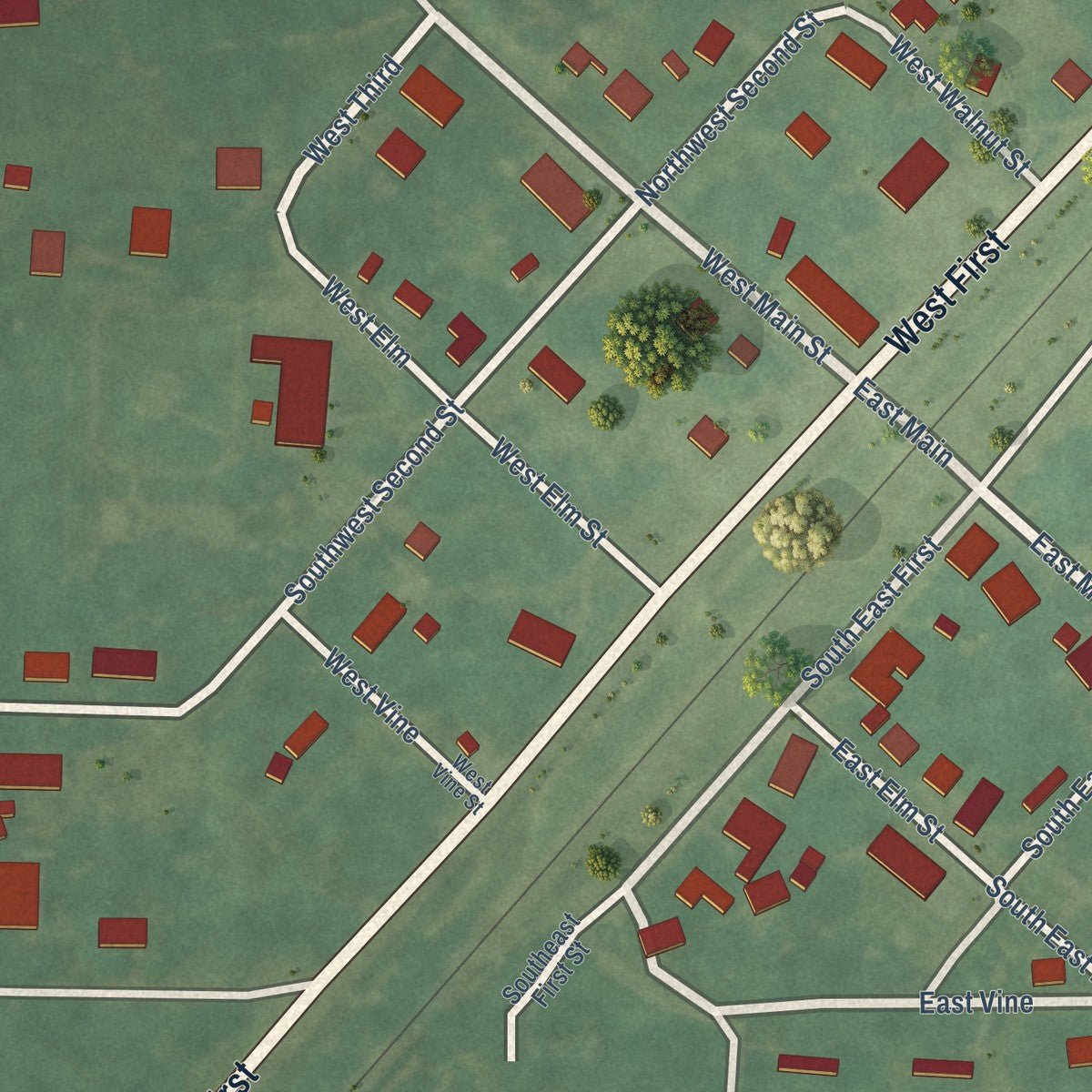 Close-up of the map of Russell, Arkansas print showing street and building detail