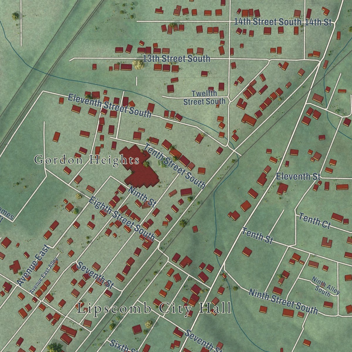 Close-up of the map of Lipscomb, Alabama print showing street and building detail