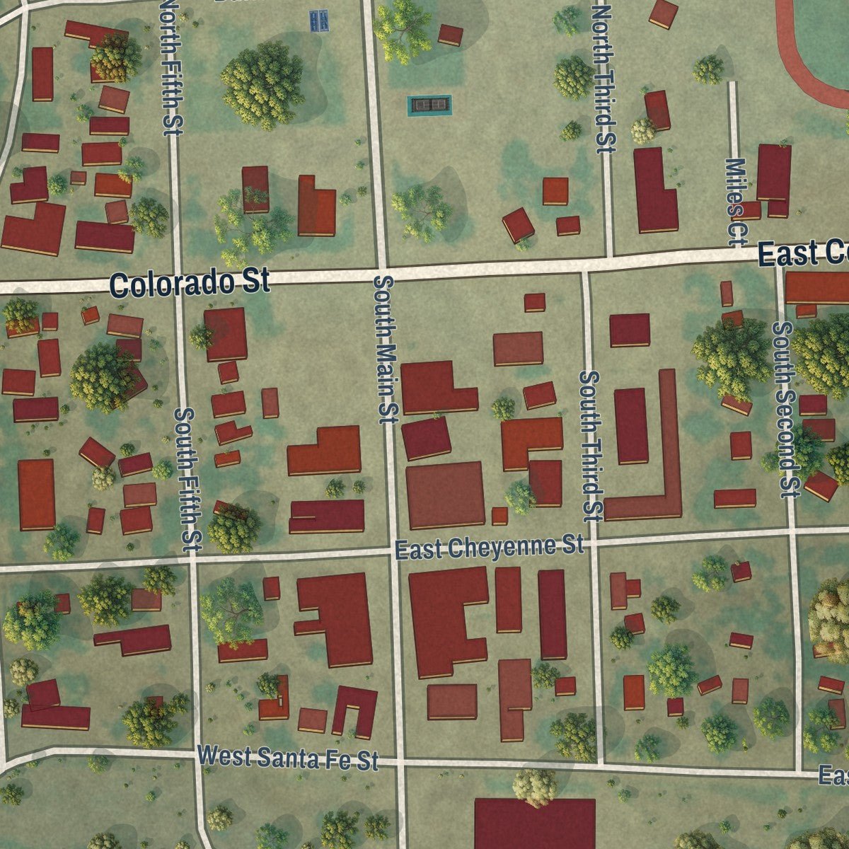 Close-up of the map of Holly, Colorado print showing street and building detail