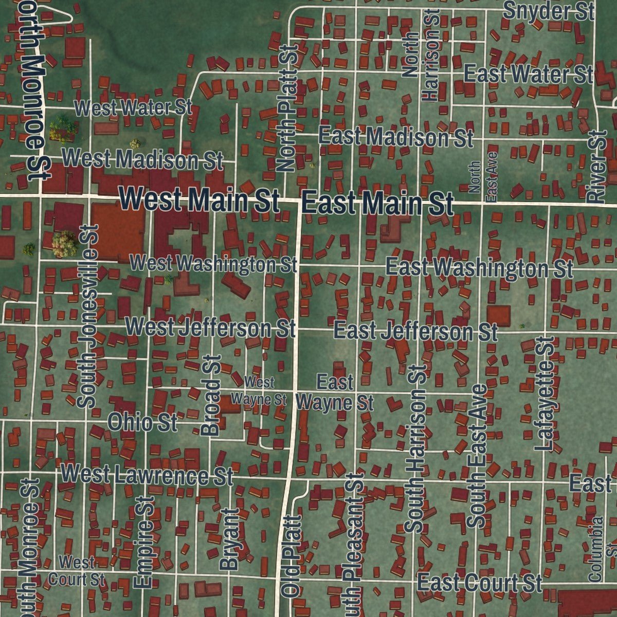 Close-up of the map of Montpelier, Ohio print showing street and building detail