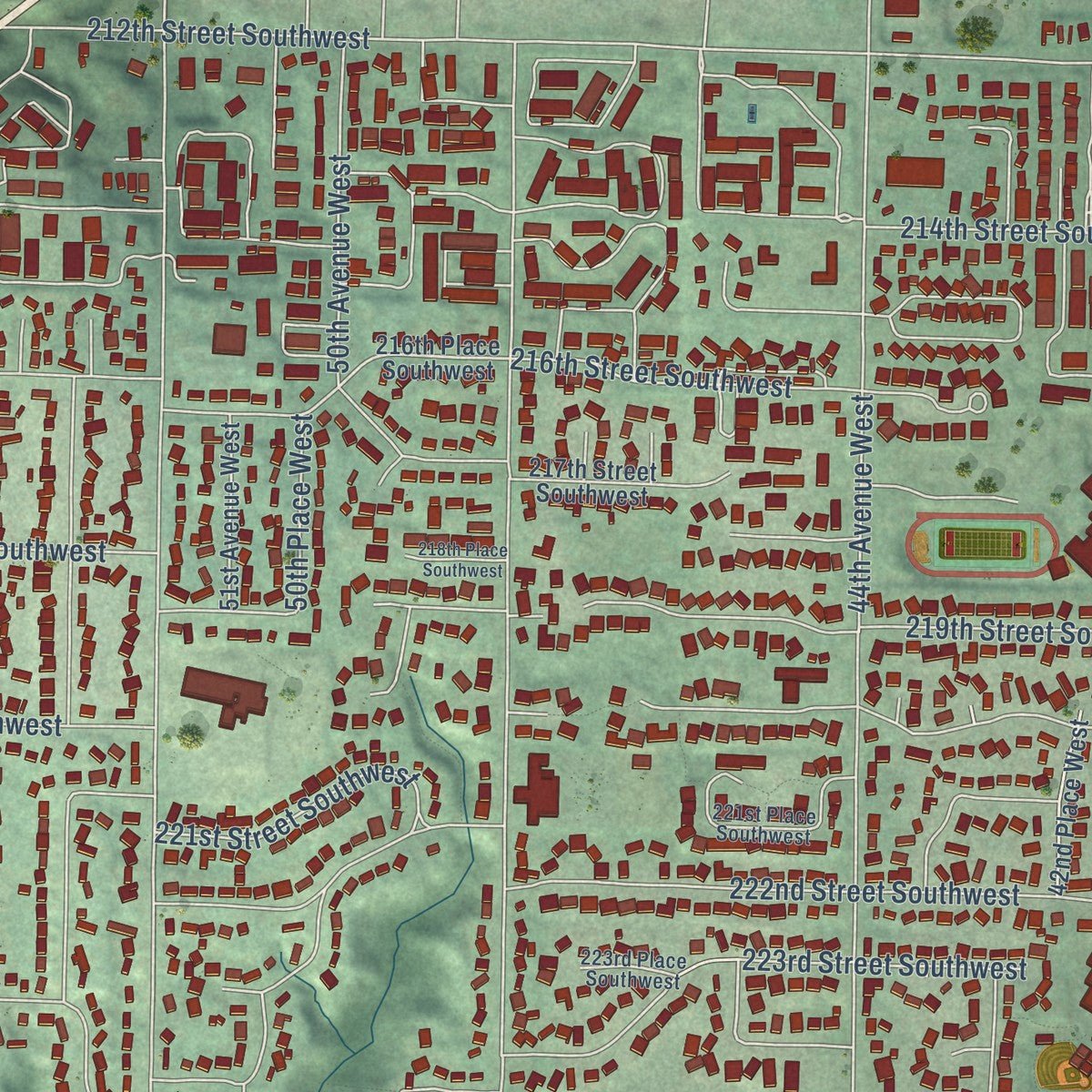 Close-up of the map of Mountlake Terrace, Washington print showing street and building detail