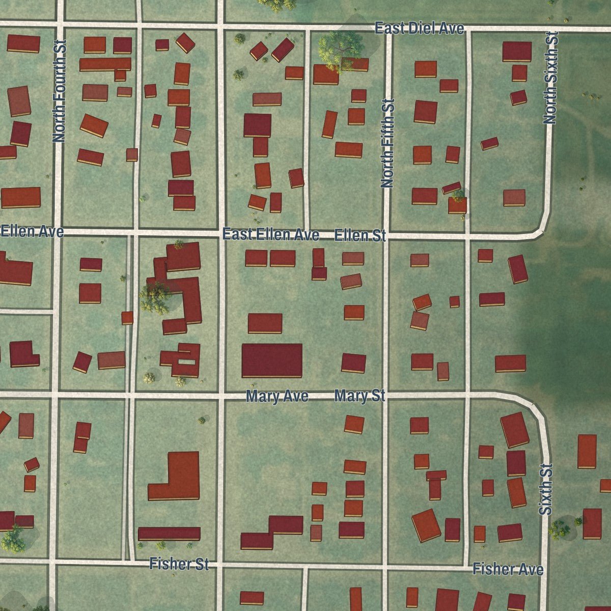 Close-up of the map of Otis, Kansas print showing street and building detail