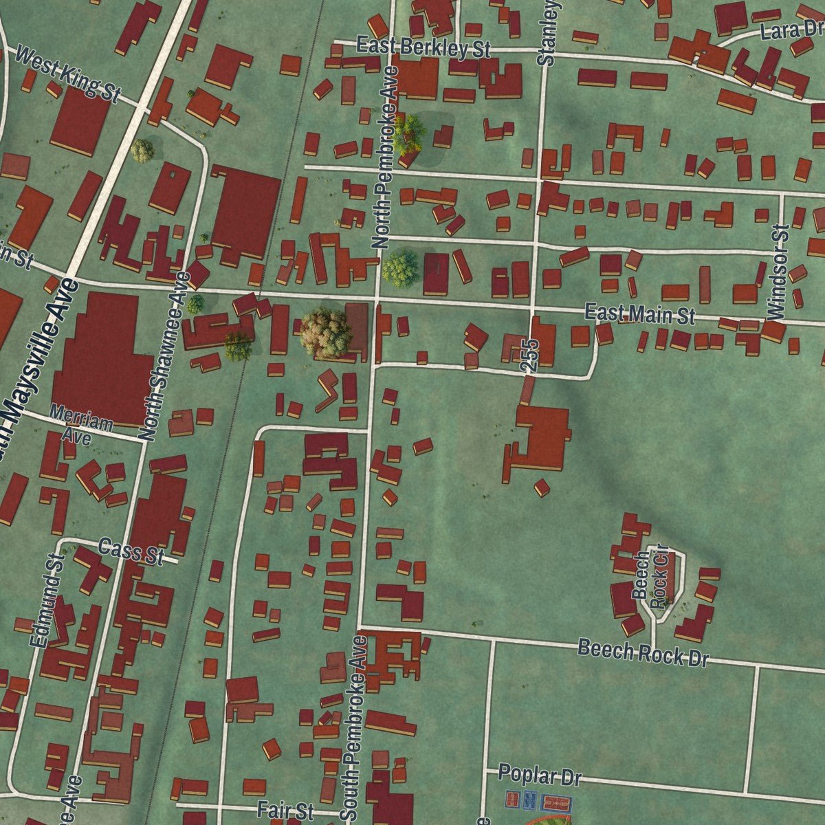 Close-up of the map of South Zanesville, Ohio print showing street and building detail