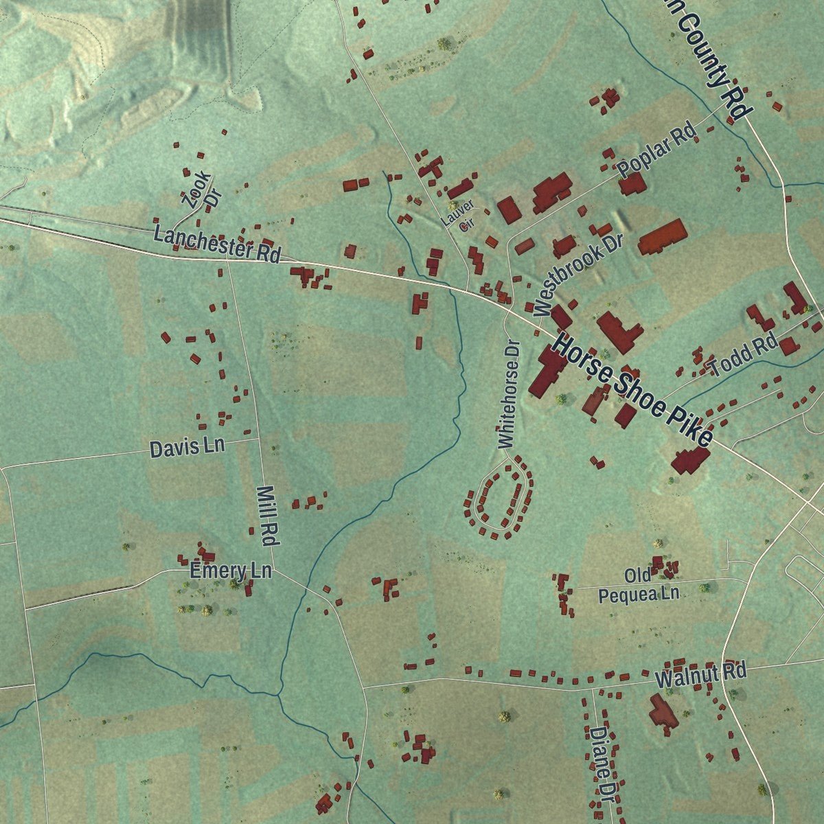 Close-up of the map of Honey Brook, Chester County, Pennsylvania print showing street and building detail