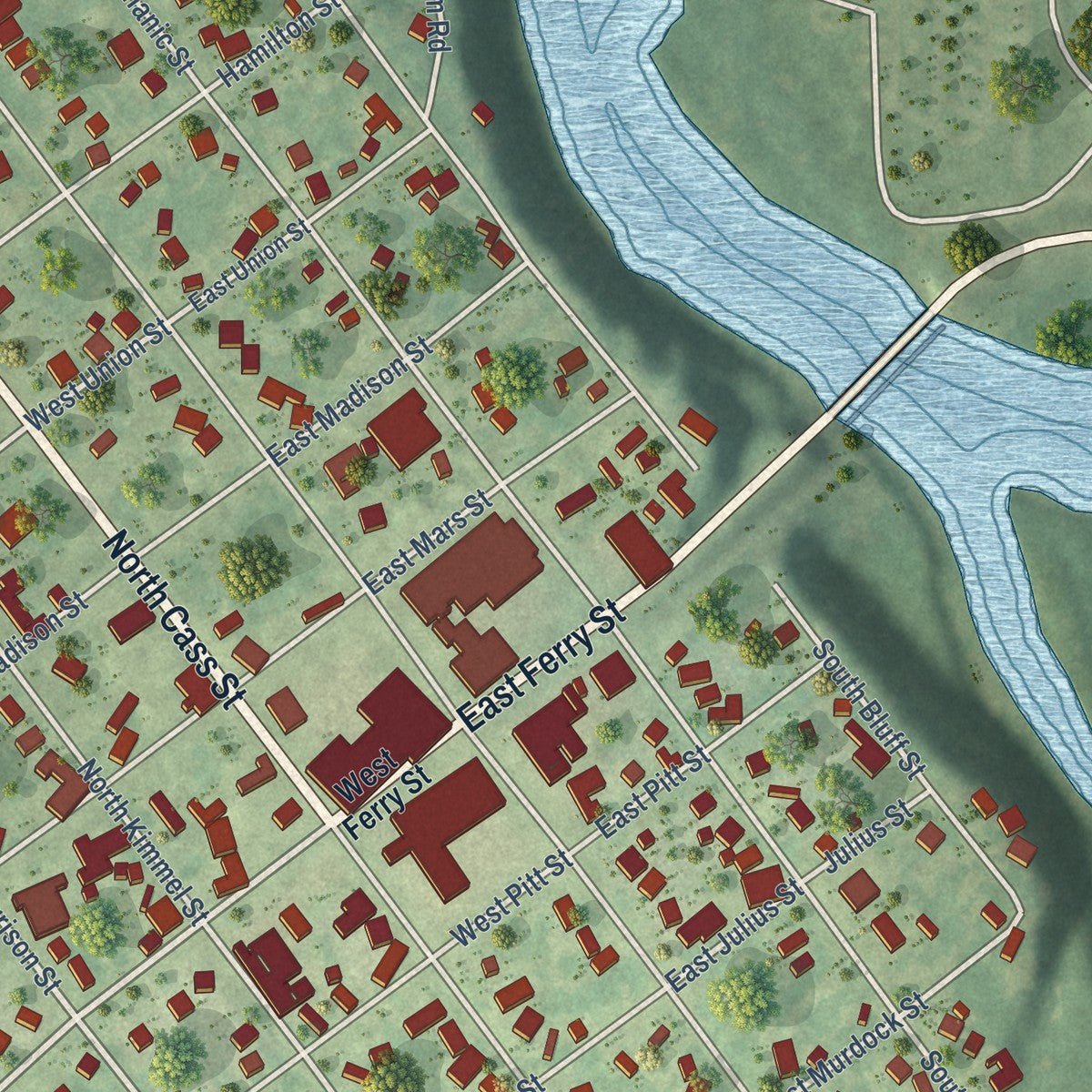 Close-up of the map of Berrien Springs, Michigan print showing street and building detail