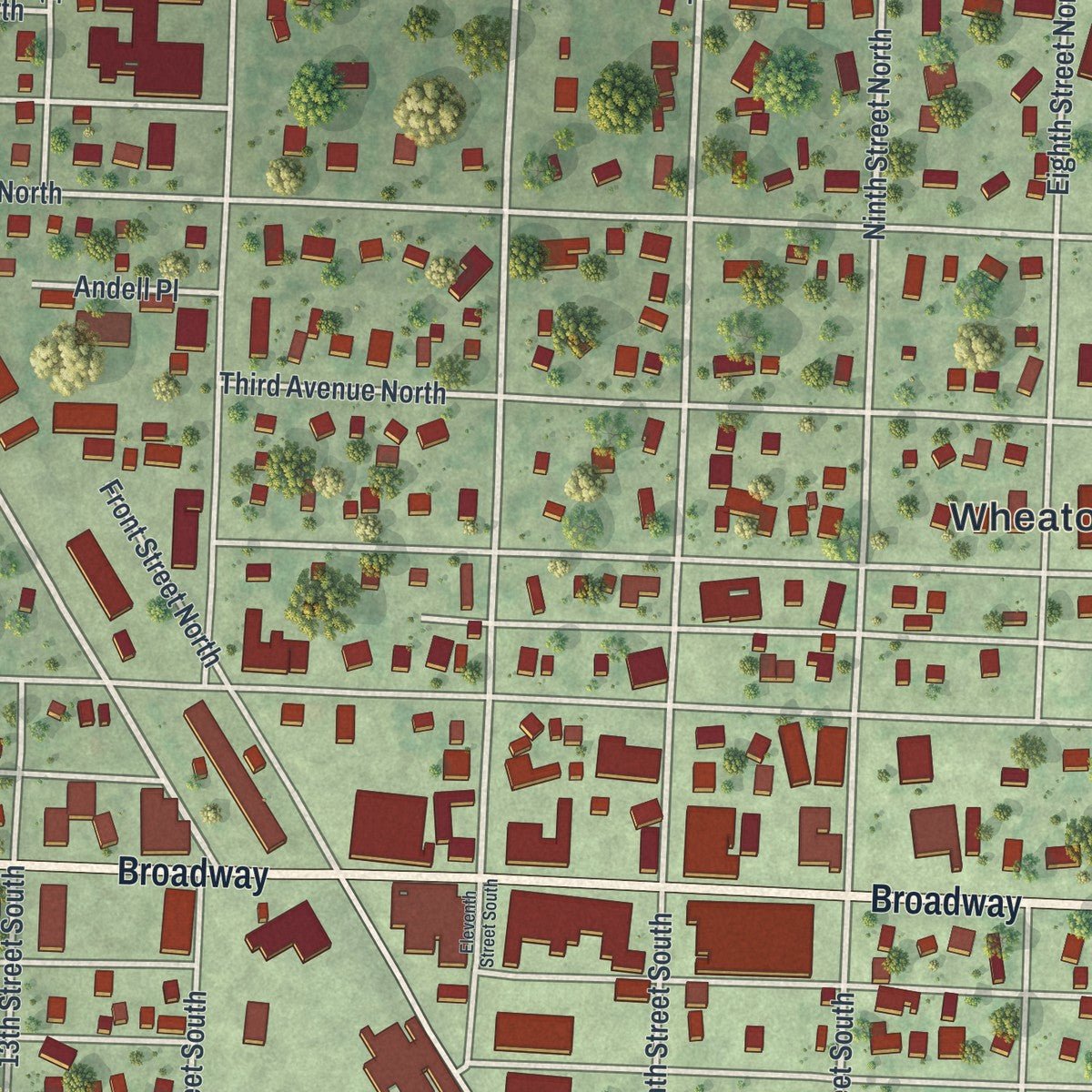 Close-up of the map of Wheaton, Minnesota print showing street and building detail