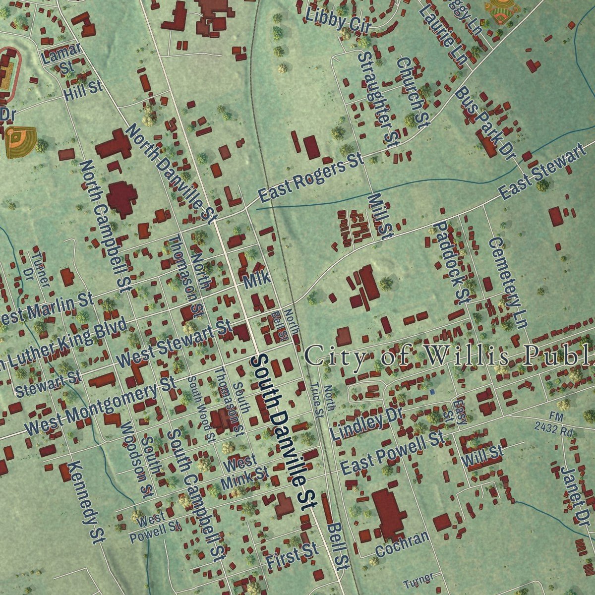 Close-up of the map of Willis, Texas print showing street and building detail