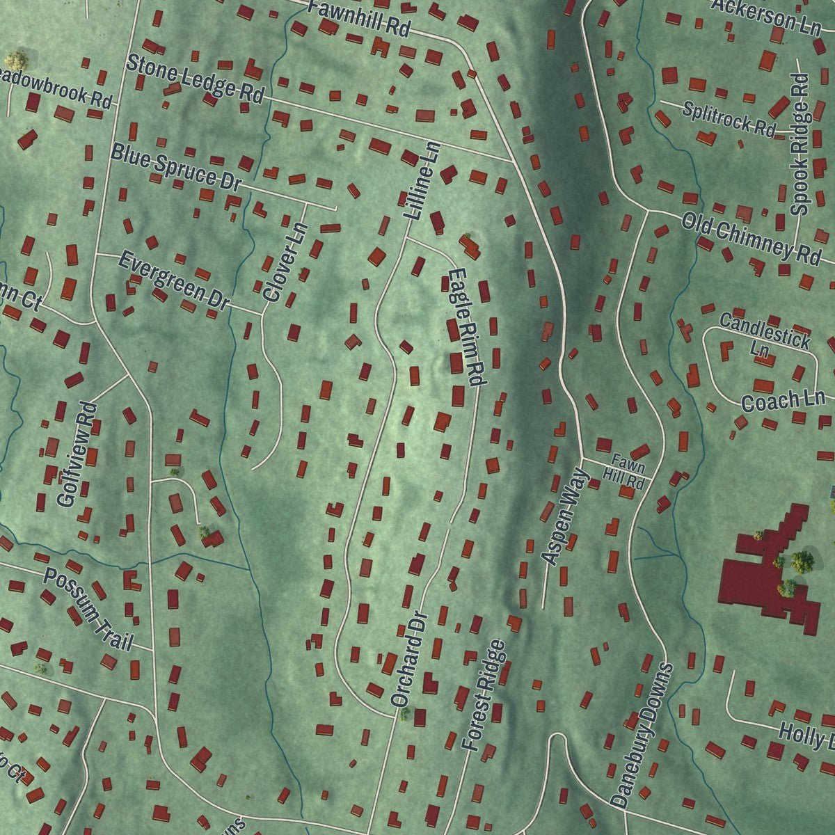 Close-up of the map of Upper Saddle River, New Jersey print showing street and building detail