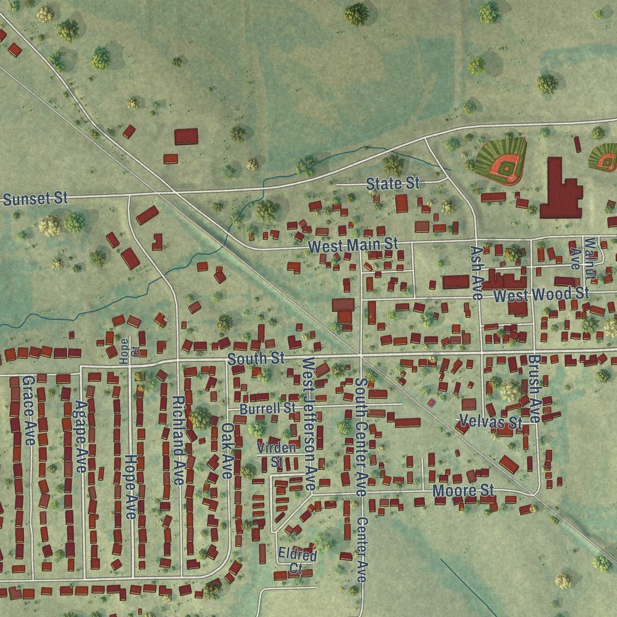 Close-up of the map of Urbana, Iowa print showing street and building detail