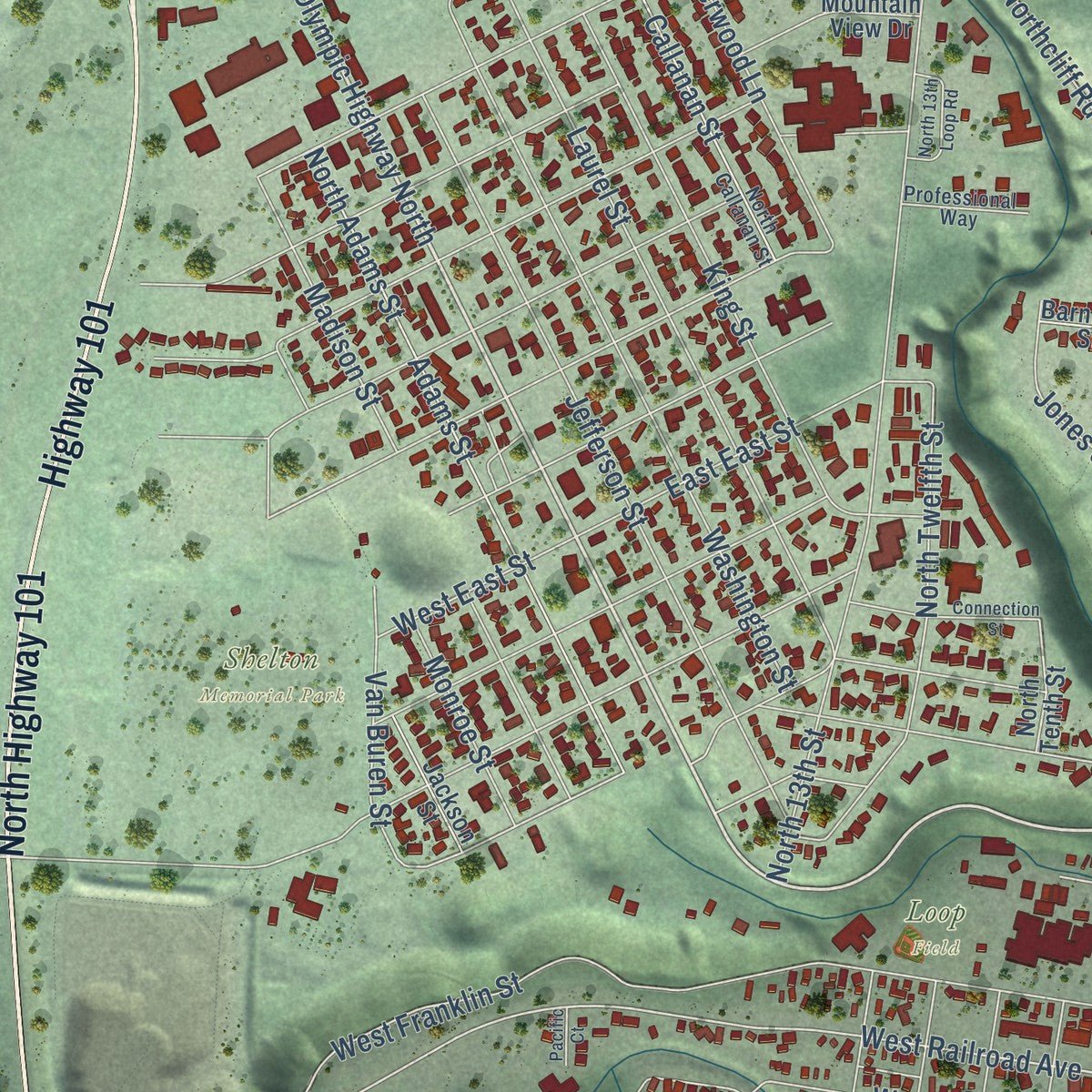 Close-up of the map of Shelton, Washington print showing street and building detail