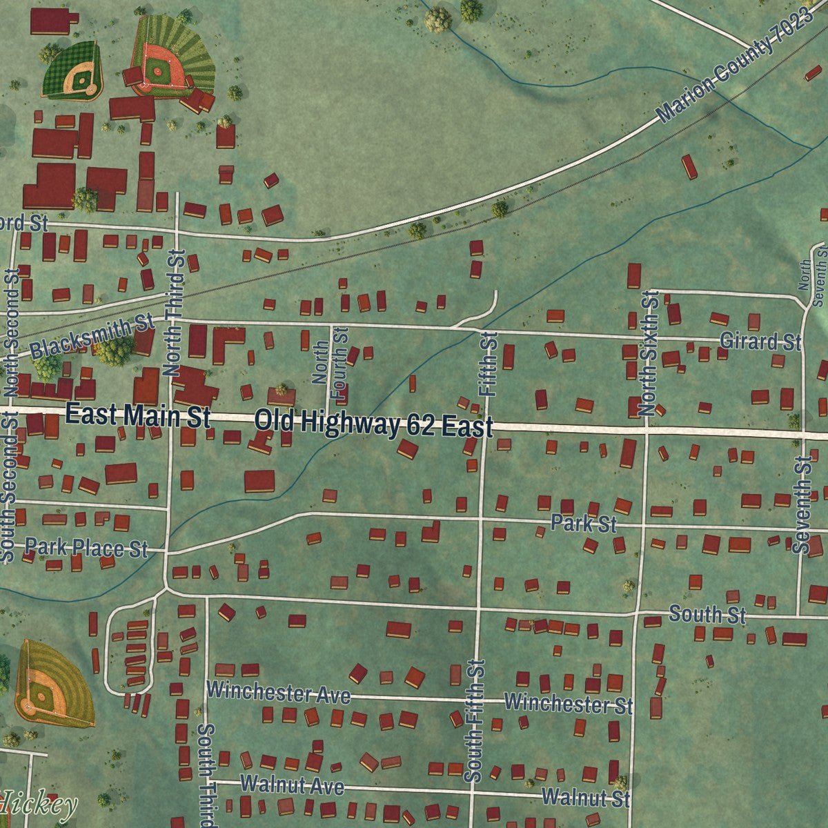 Close-up of the map of Flippin, Arkansas print showing street and building detail