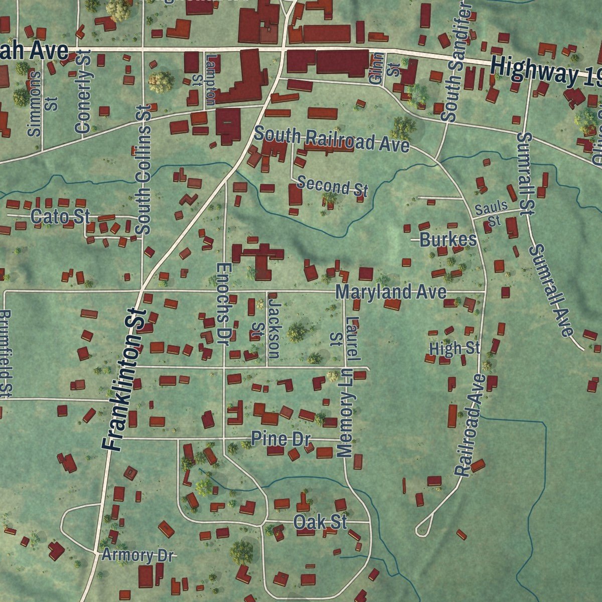 Close-up of the map of Tylertown, Mississippi print showing street and building detail