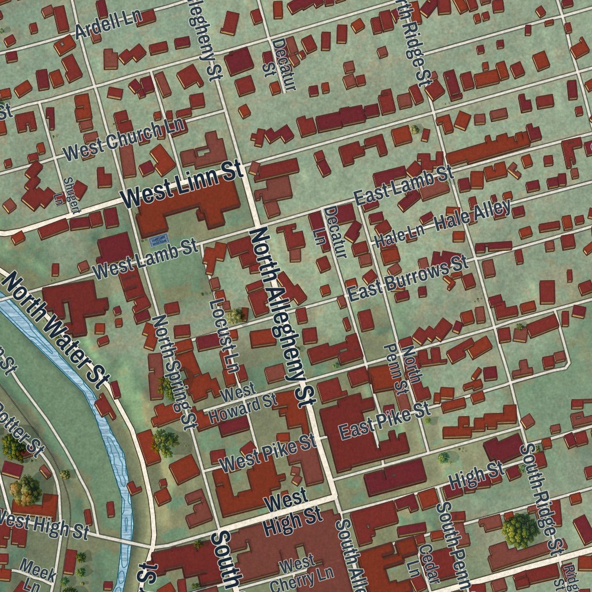 Close-up of the map of Bellefonte, Pennsylvania print showing street and building detail