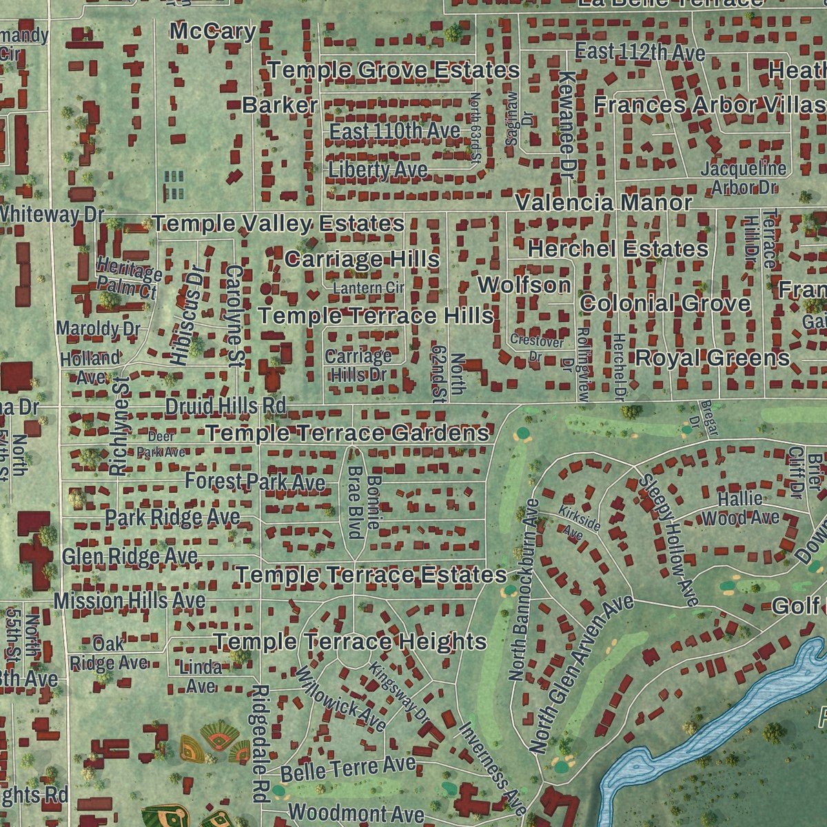 Close-up of the map of Temple Terrace, Florida print showing street and building detail