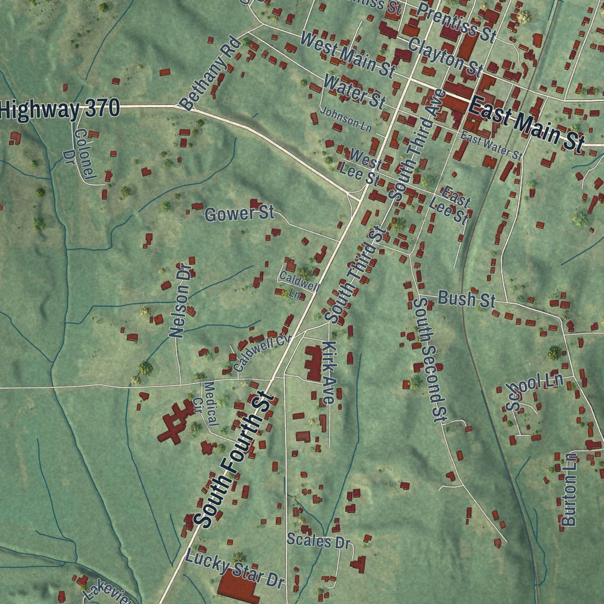 Close-up of the map of Baldwyn, Mississippi print showing street and building detail