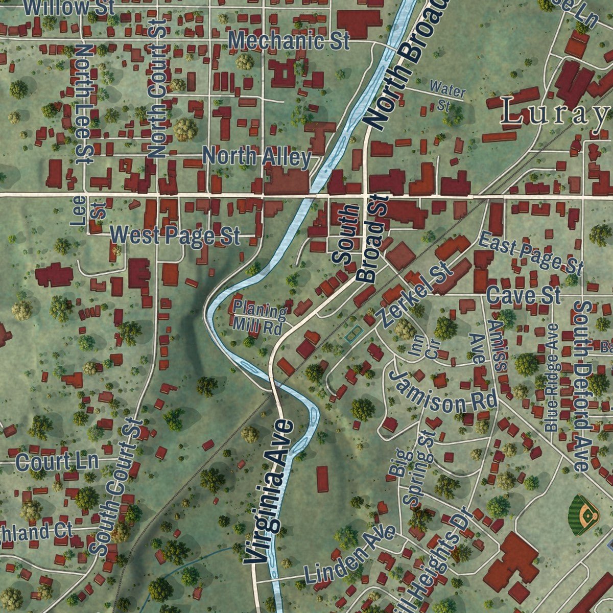 Close-up of the map of Luray, Virginia print showing street and building detail