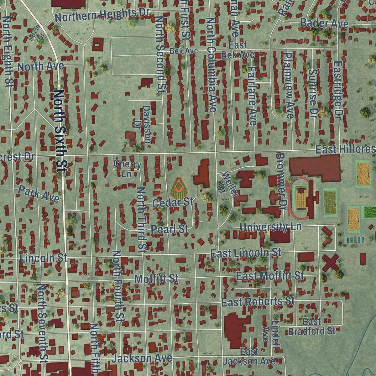 Close-up of the map of Seward, Nebraska print showing street and building detail
