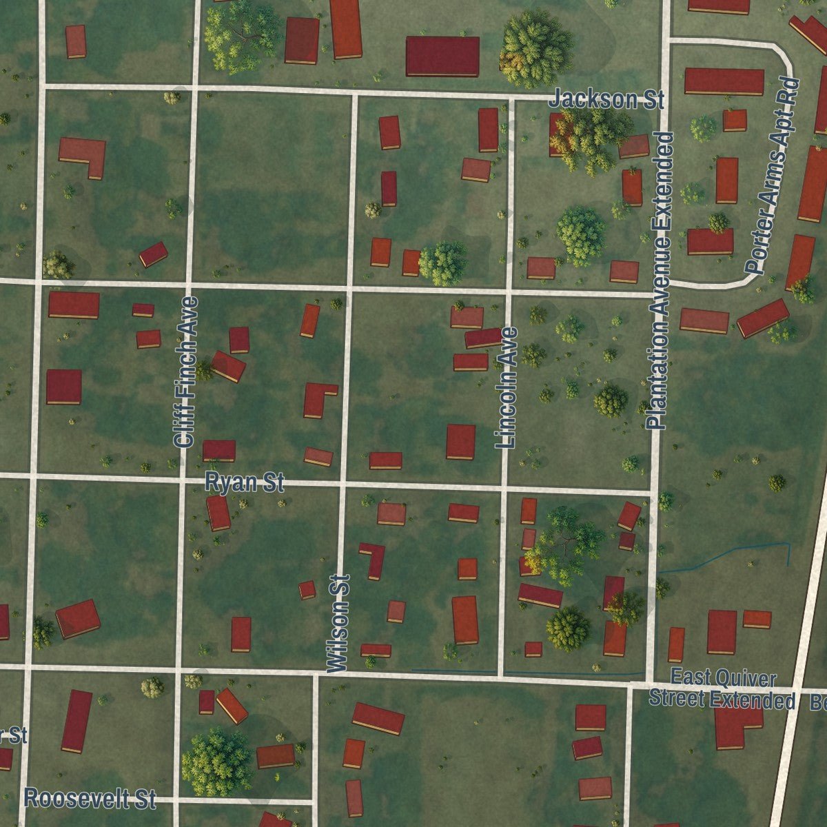 Close-up of the map of Sunflower, Mississippi print showing street and building detail