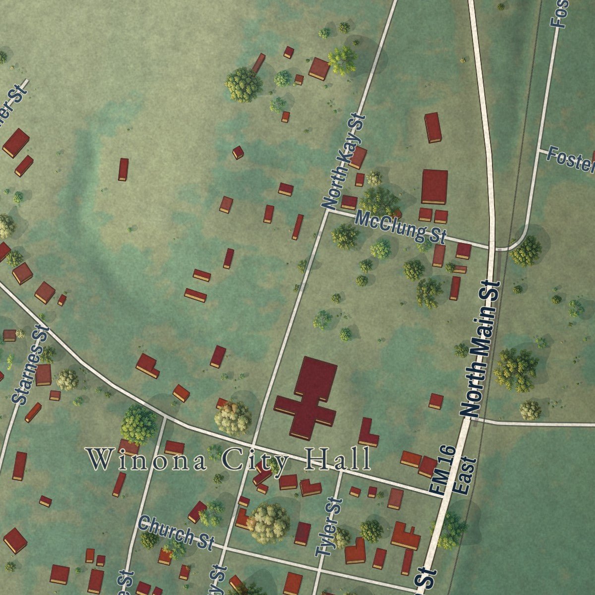 Close-up of the map of Winona, Texas print showing street and building detail