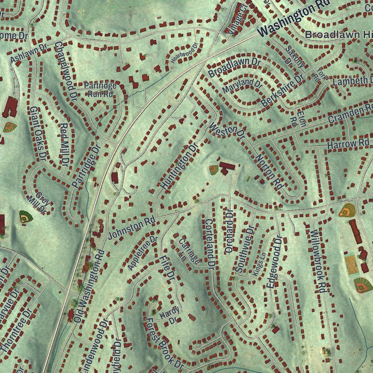 Close-up of the map of Upper St. Clair, Pennsylvania print showing street and building detail
