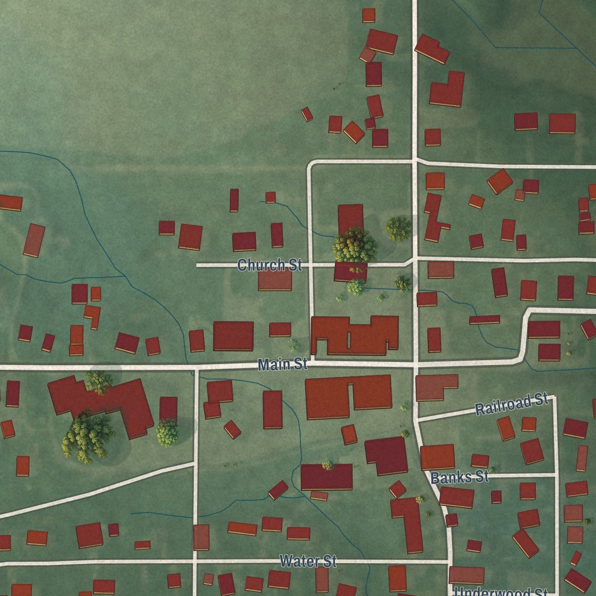 Close-up of the map of Coatesville, Indiana print showing street and building detail