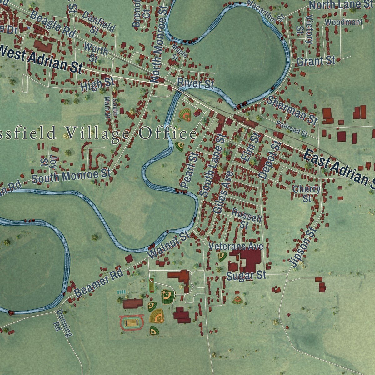 Close-up of the map of Blissfield, Lenawee County, Michigan print showing street and building detail