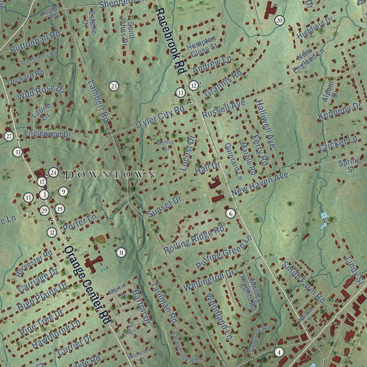 Close-up of the map of Orange, Connecticut print showing street and building detail