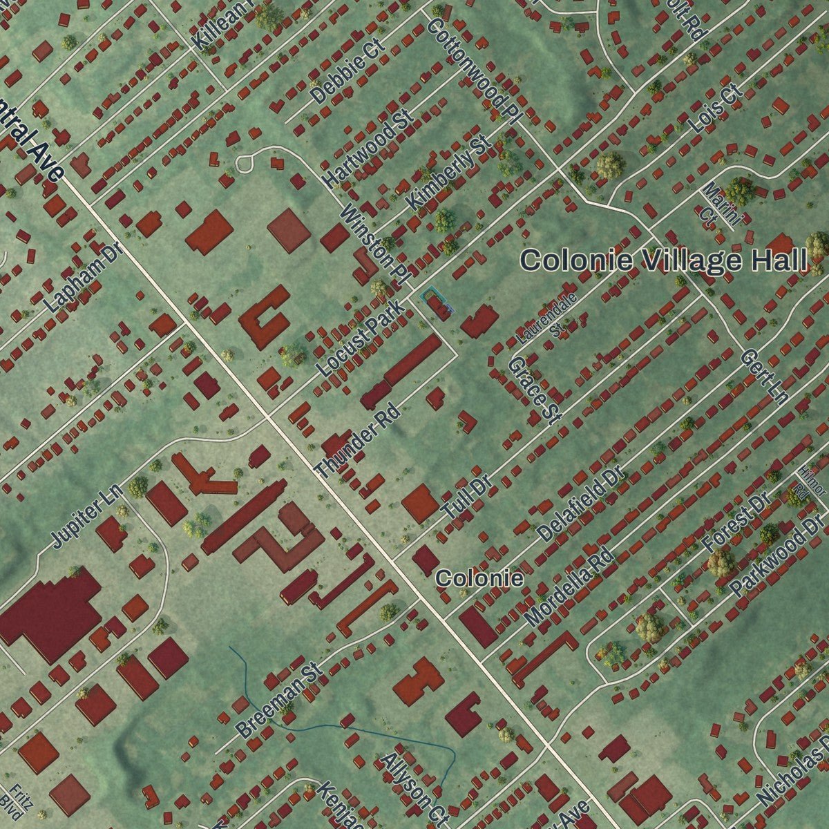 Close-up of the map of the Village of Colonie, New York print showing street and building detail