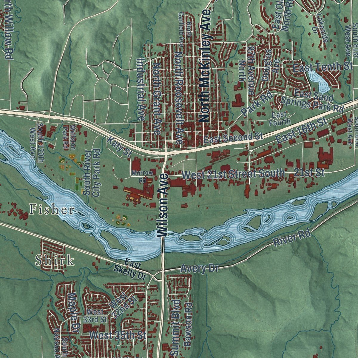 Close-up of the map of Sand Springs, Oklahoma print showing street and building detail