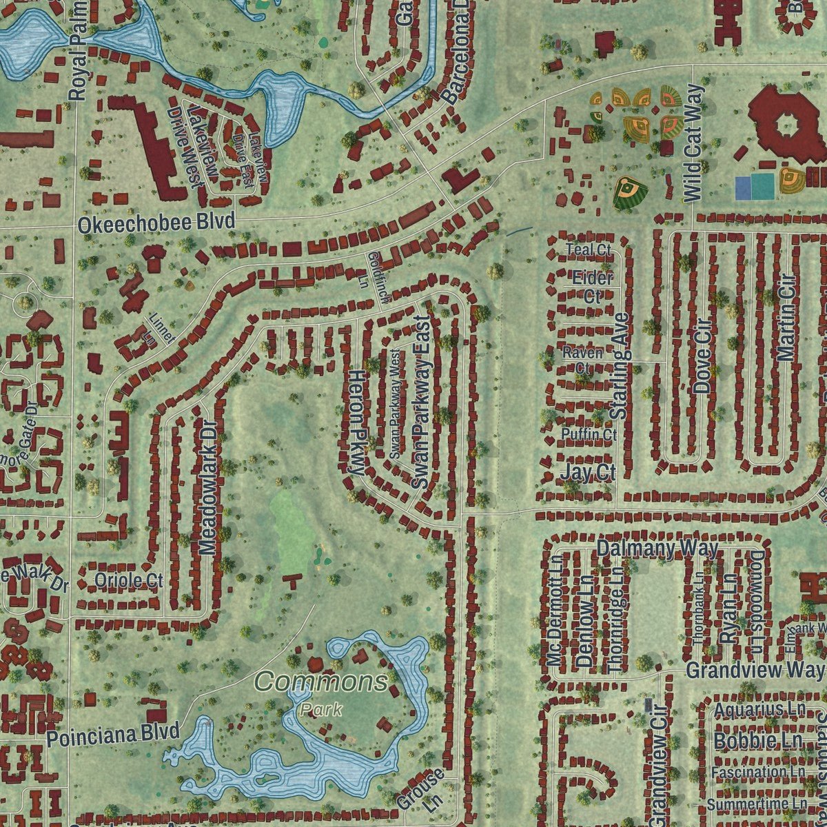 Close-up of the map of Royal Palm Beach, Florida print showing street and building detail