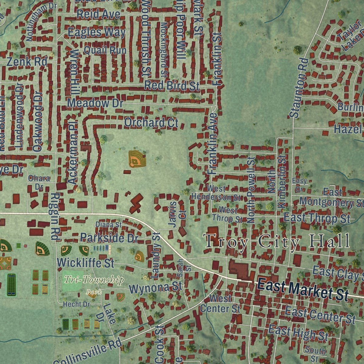 Close-up of the map of Troy, Illinois print showing street and building detail