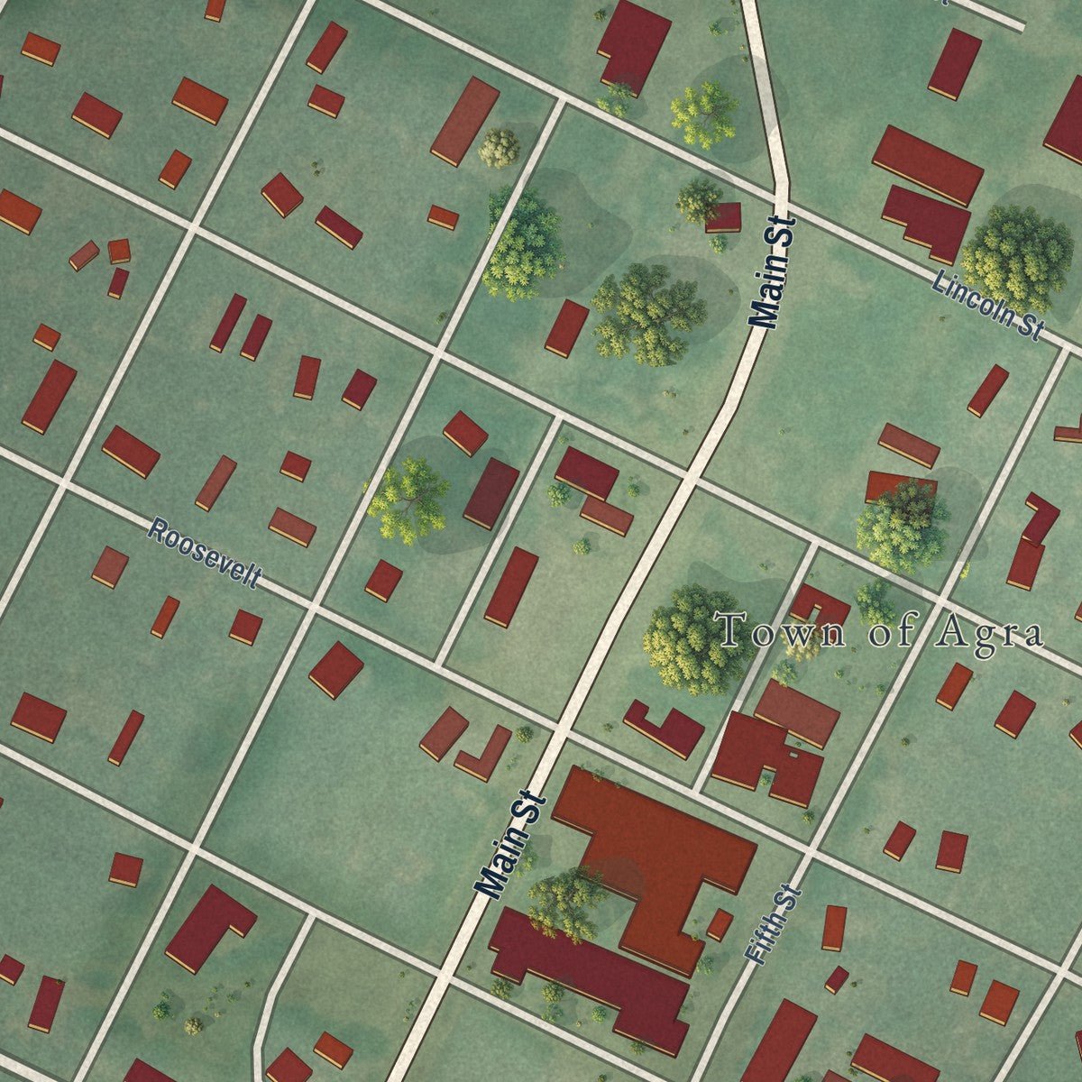 Close-up of the map of Agra, Oklahoma print showing street and building detail