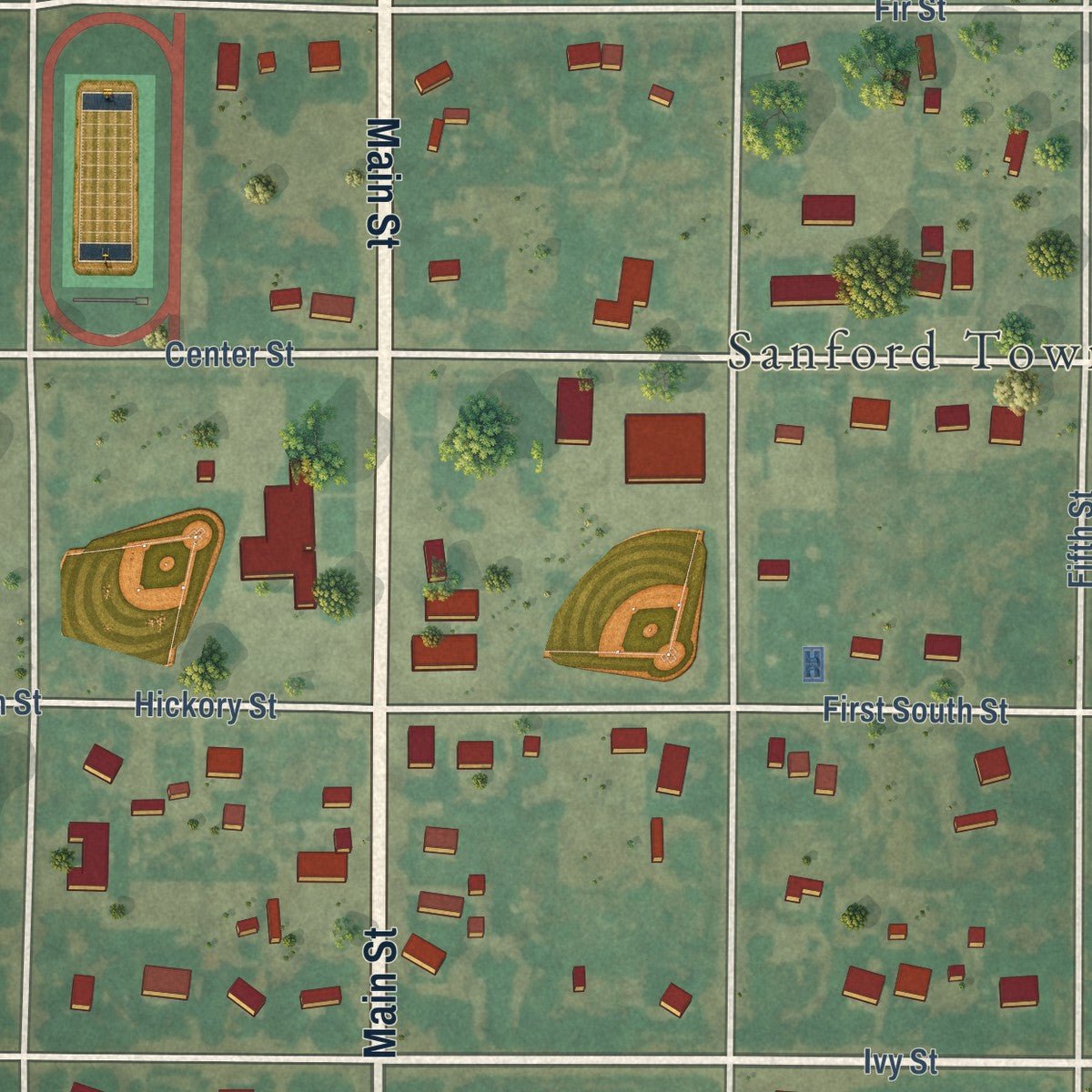 Close-up of the map of Sanford, Colorado print showing street and building detail