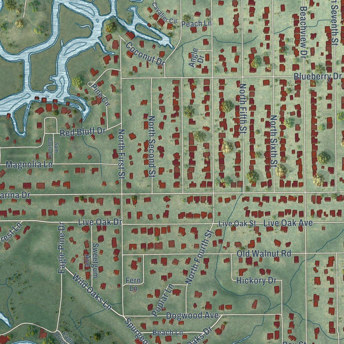 Close-up of the map of Gulf Park Estates, Mississippi print showing street and building detail