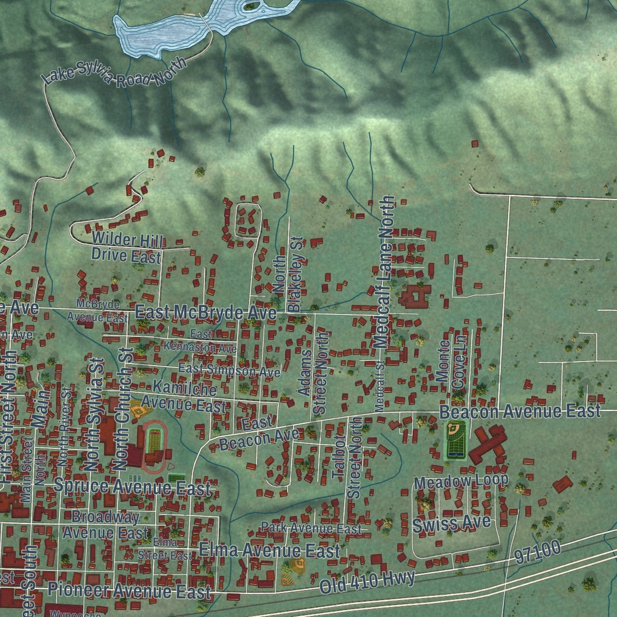 Close-up of the map of Montesano, Washington print showing street and building detail
