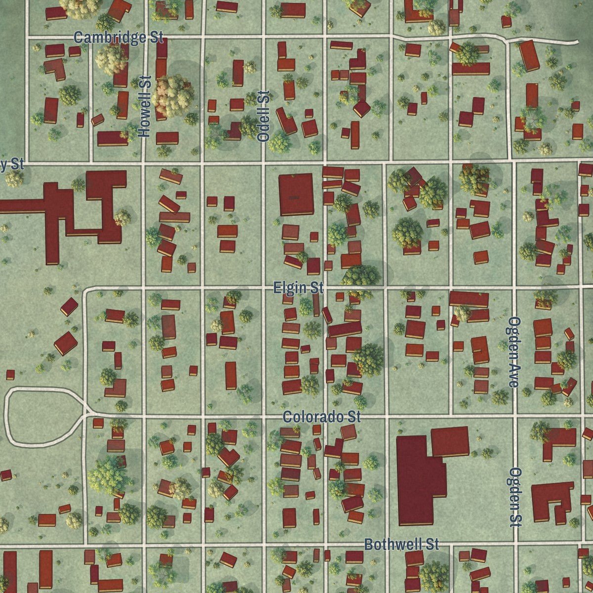 Close-up of the map of Oxford, Nebraska print showing street and building detail