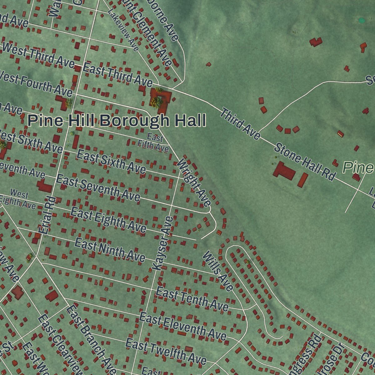 Close-up of the map of Pine Hill, New Jersey print showing street and building detail