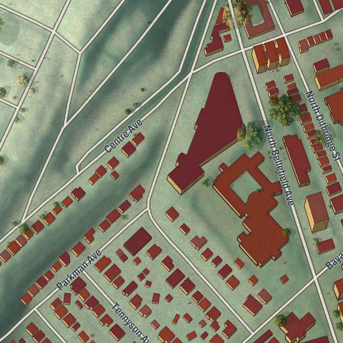 Close-up of the map of North Oakland, Pennsylvania print showing street and building detail