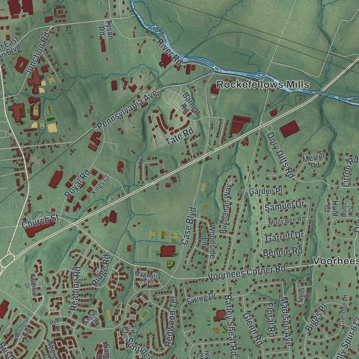 Close-up of the map of Raritan, Hunterdon County, New Jersey print showing street and building detail