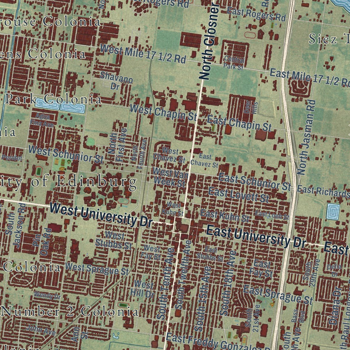 Close-up of the map of Edinburg, Texas print showing street and building detail