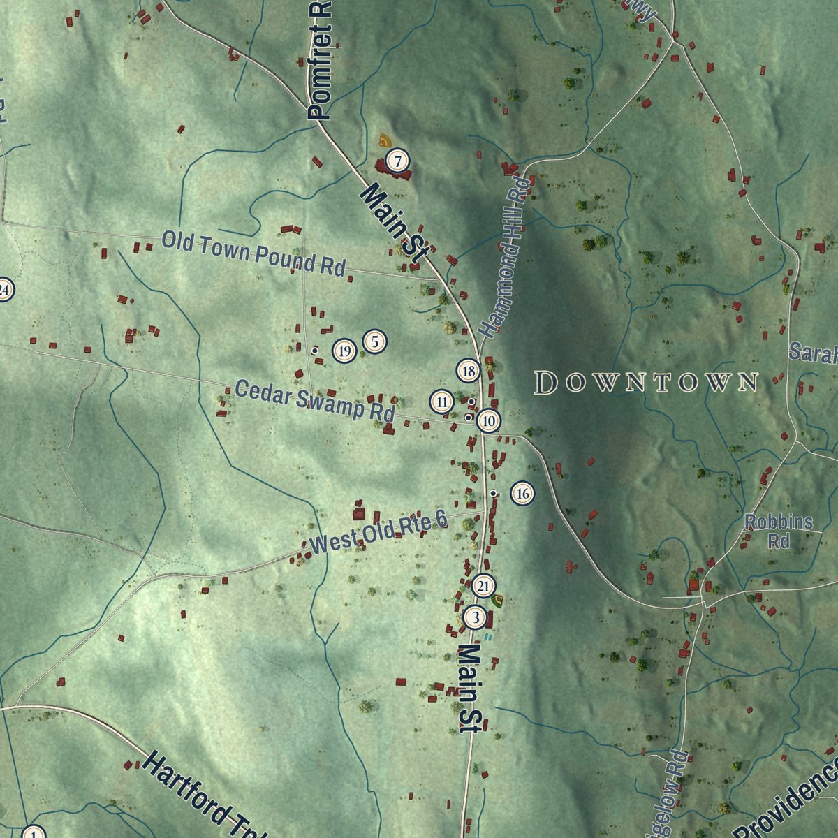 Close-up of the map of Hampton, Connecticut print showing street and building detail