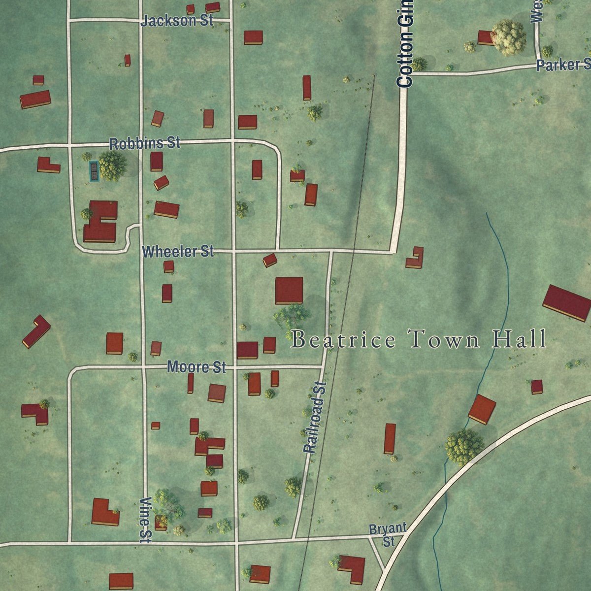 Close-up of the map of Beatrice, Alabama print showing street and building detail