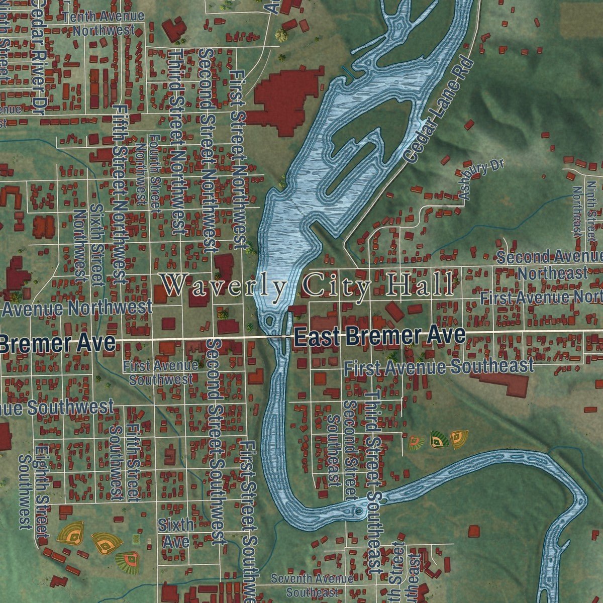 Close-up of the map of Waverly, Iowa print showing street and building detail