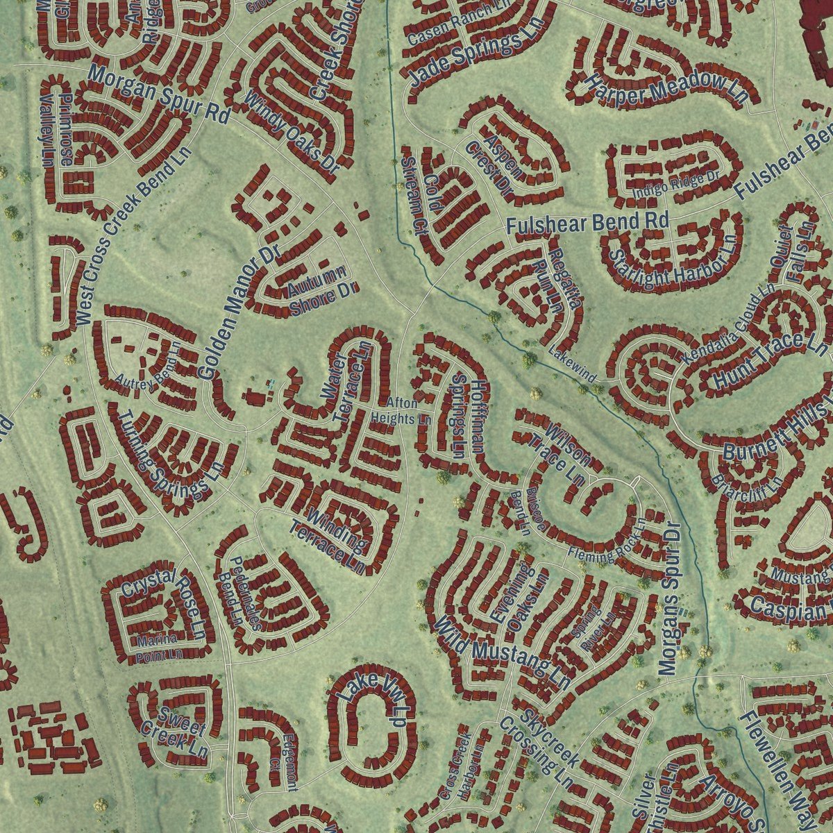 Close-up of the map of Fulshear, Texas print showing street and building detail