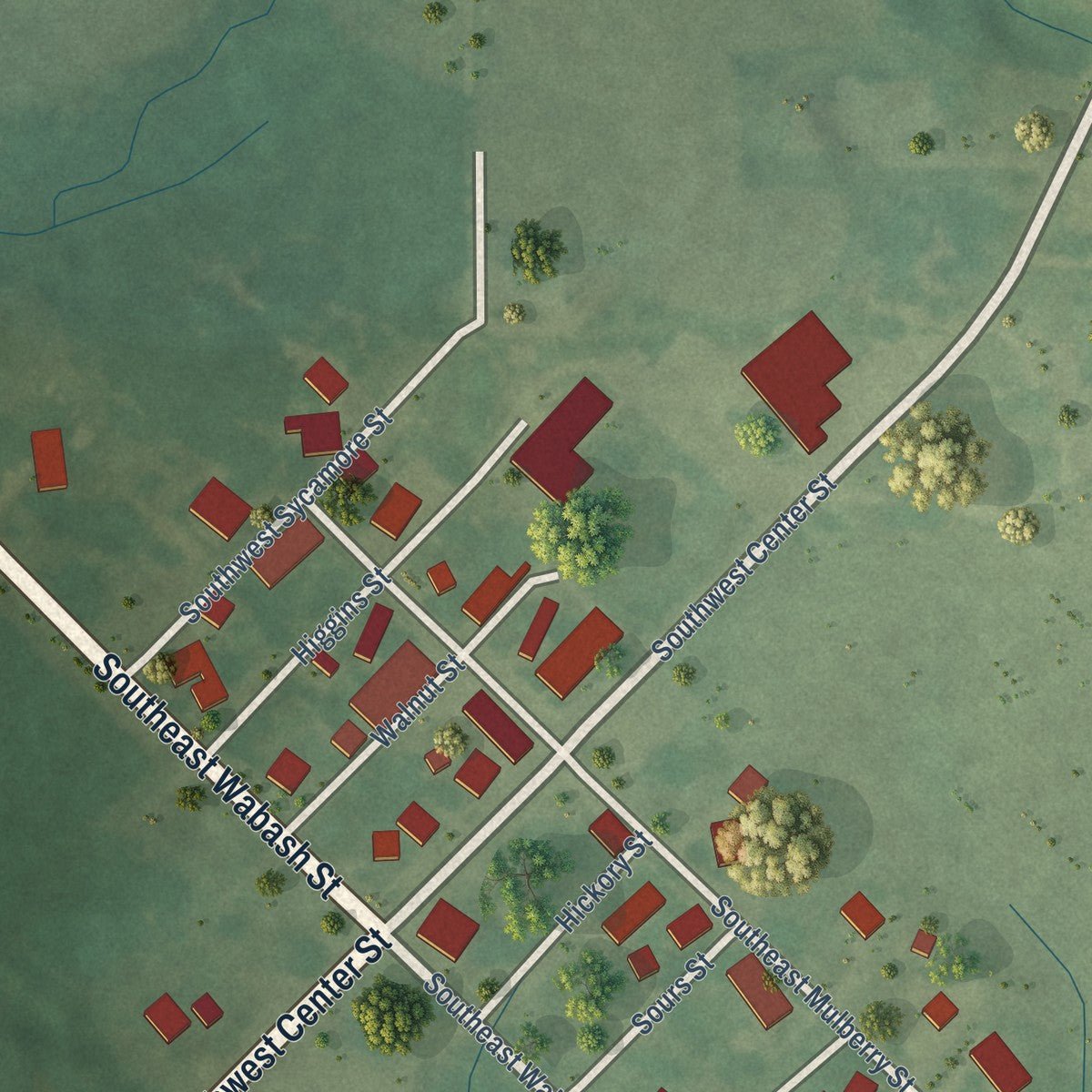 Close-up of the map of Vera Cruz, Indiana print showing street and building detail
