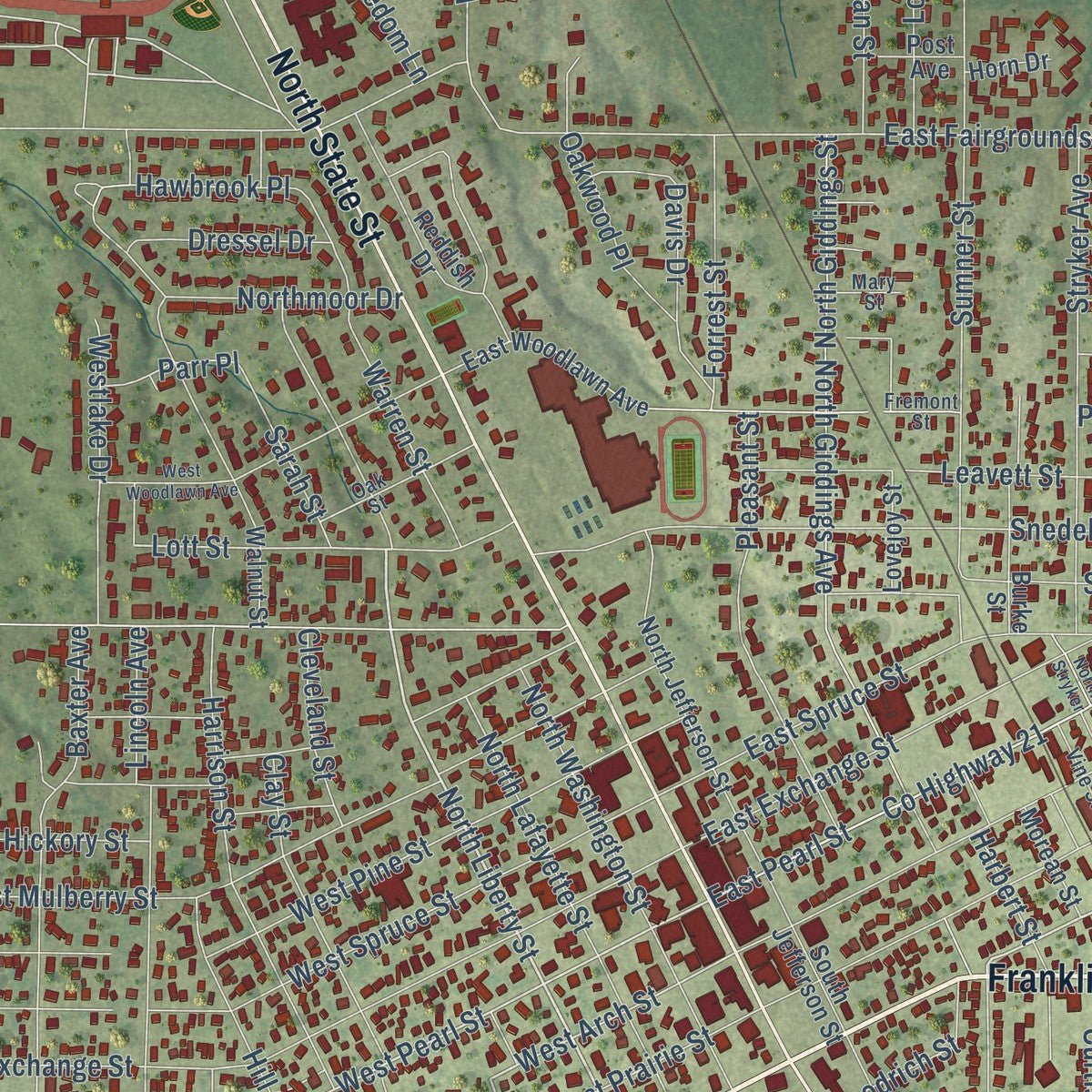 Close-up of the map of Jerseyville, Illinois print showing street and building detail