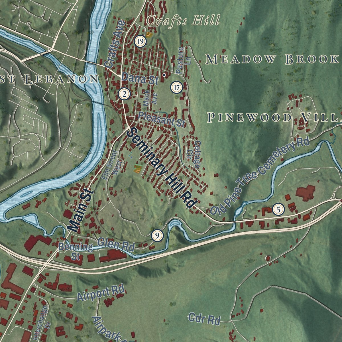 Close-up of the map of Lebanon, New Hampshire print showing street and building detail